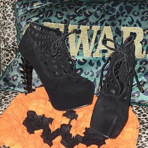 Faux Suede Black Skeleton Web Pumps